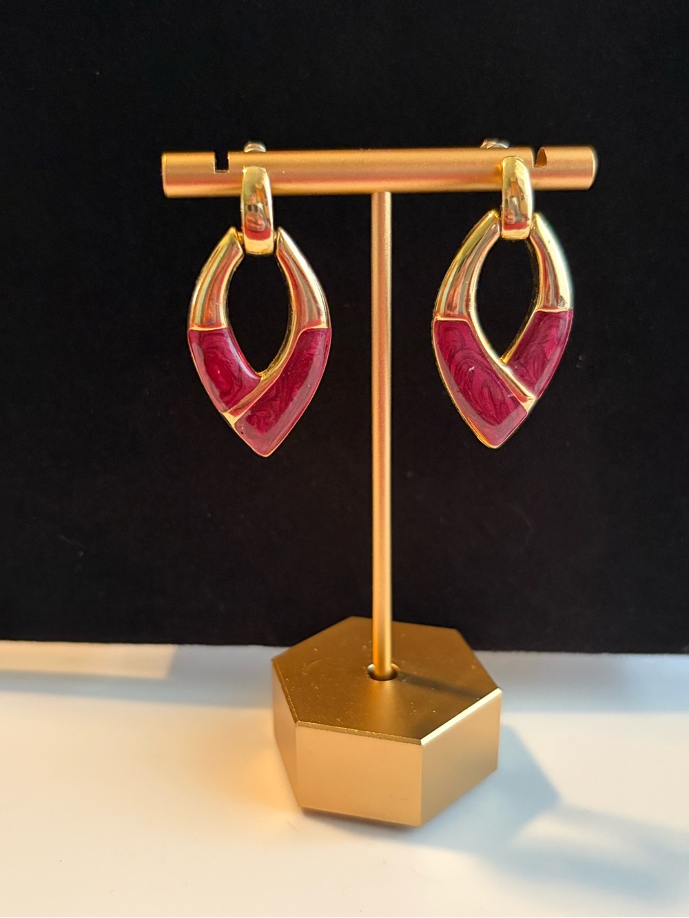 Source Unknown Gold-Tone Vintage Earrings with Deep Pink Enamel Accents